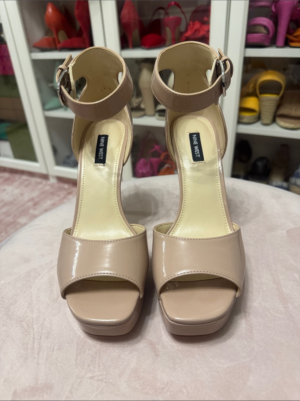Nine West Blush Patent Platform Ankle-Strap Heels
